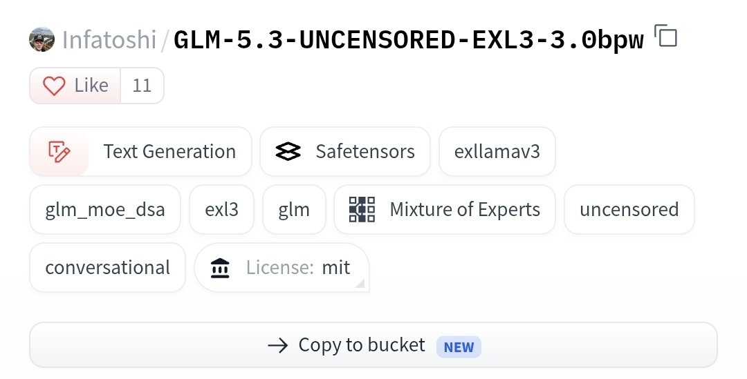 k2sbhai's tweet photo. GLM-5.3 UNCENSORED 😳

a new GLM-5.3 EXL3 quant is available

- 3.0bpw
- MIT license
- MoE
- Safetensors

> grab it here: https://t.co/7nnKxKhoab https://t.co/vYgPHTzqXO