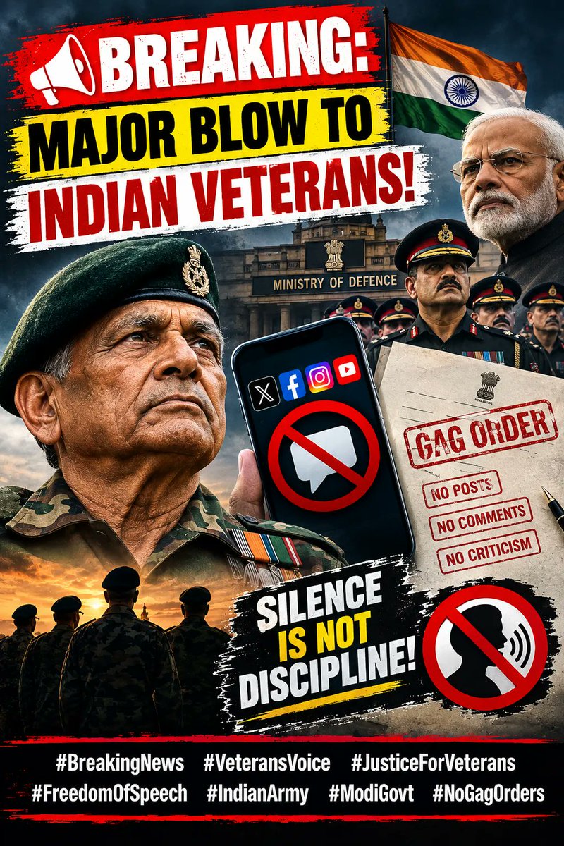 Kumarjyoti49291's tweet photo. 🚨 PENSION FOR SILENCE?
According to reports, Indian Army veterans may face disciplinary action regarding their pensions or criminal prosecution for publicly expressing allegations of corruption or improper conduct. In the absence of veterans' ability to speak openly, who maintains institutional accountability?
#VeteransVoice #FreedomOfSpeech