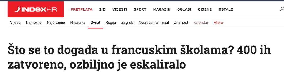 CROLibertarian's tweet photo. "Prosvjedi zbog nedostatka nastavnika i dotrajalih školskih zgrada izbili su prošlog mjeseca na području Pariza, no postajali su sve nasilniji kako su se širili zemljom."

Muslimanska logika... ništa neće urediti školu tako dobro kao jedan ciljani požar.

Inače, nigdje se ne spominje podrijetlo "učenika". @indexhr je imun na rasu. Ne radi se ovdje ni o kakvim ozbiljnim učenicima. Ovo su generalno migranti (prva, druga i treća generacija), a Europljani su u neredima zastupljeni u promilima i ugl. kao žrtve.
