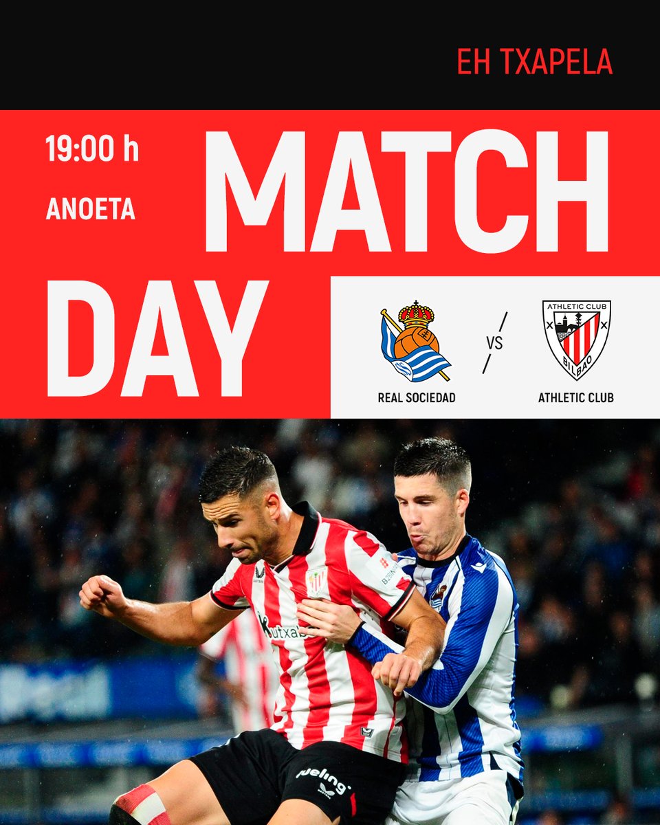 AthleticClub's tweet photo. 📢 #EHTxapela dugu jokoan!

🆚 @RealSociedad
🏟️ Anoeta
🕖 19:00 horas
📺 #AthleticPlay 

#RealSociedadAthletic #AthleticClub 🦁 https://t.co/SFZh1jbJQp