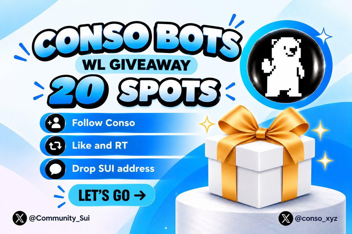 Community_Sui's tweet photo. CONSO BOTS Mint Whitelist is LIVE ✨

Meet CONSO BOTS
Reputation-Backed Agentic Collectibles powering participation in the @conso_xyz Network.

⚡️ How to Enter  
→ Follow @conso_xyz  
→ Follow the Sui community  
→ Like, RT & comment Sui addy on this post

🎁 20 WL spots allocated through raffle!

Don't miss this great opportunity! Let's go 🚀