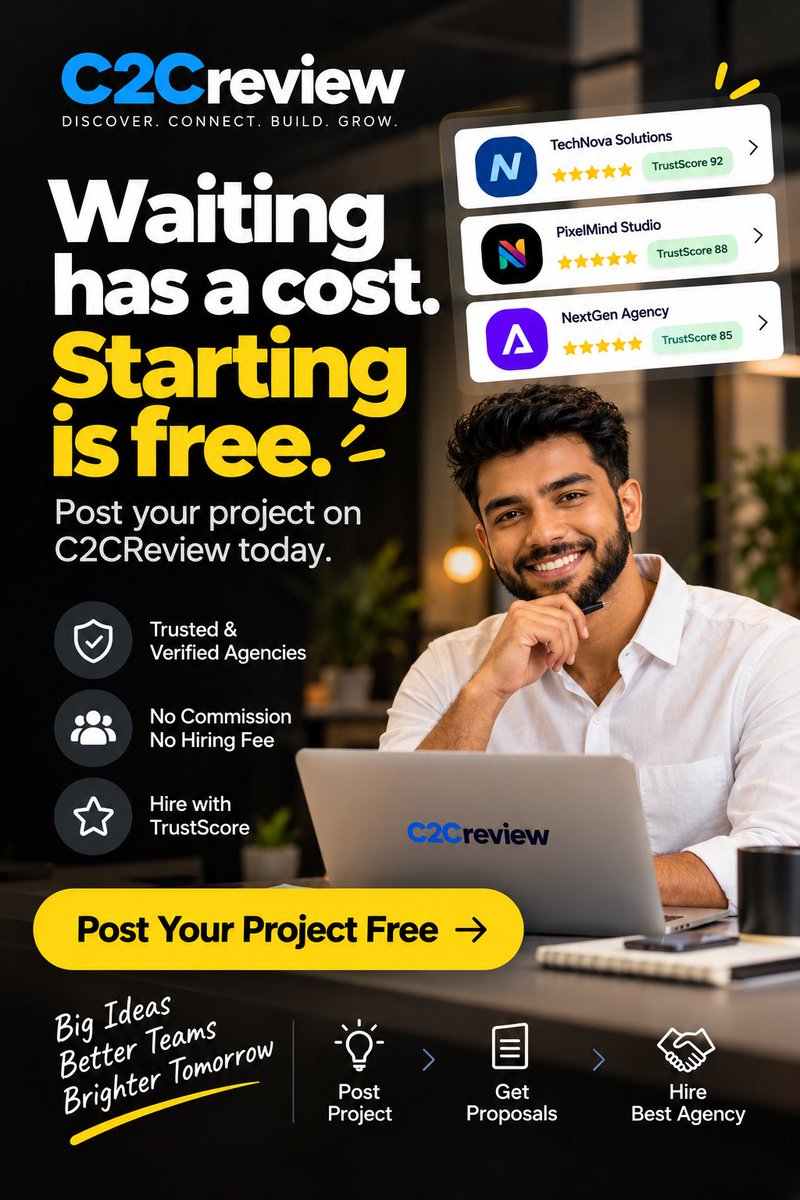 RamgWebdesigner's tweet photo. Waiting has a cost. Starting is free. Post your project on C2CReview today.
Post your project here: https://t.co/rHoaMQeYBV
Hire Trusted IT Agencies with TrustScore | Post your project
#TakeAction #BusinessGrowth #C2CReview #Startups #DigitalTransformation #PostYourProject https://t.co/vLWcoLP424