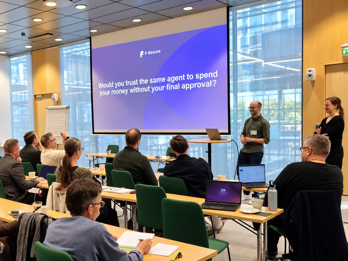 FSecure's tweet photo. When AI agents start acting on our behalf, consumer protection has to account for more than the person at the keyboard.

F-Secure Fellows Tuuli Lindroos and Khalid Alnajjar explored this challenge at an event bringing together @BusinessFinland-funded AI projects. https://t.co/0Ls4wxPTdR