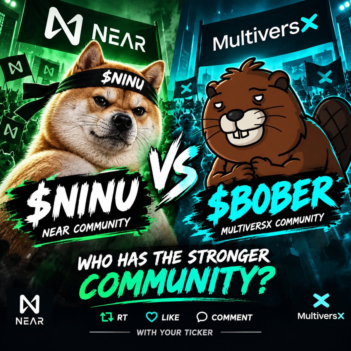 KuroshiKusama's tweet photo. 🔥 THE COMMUNITY CHALLENGE IS ON!

$NINU 🐶 vs $BOBER 🦫

$NEAR community vs $EGLD community.
No excuses
Let’s see which community can make the most noise on X. 👀

@NEAR_INU  show us what NEAR is made of.
@BoberCTO  show them what MultiversX is made of.

 Communities decide. 🫡 https://t.co/ojBf88ZVWg