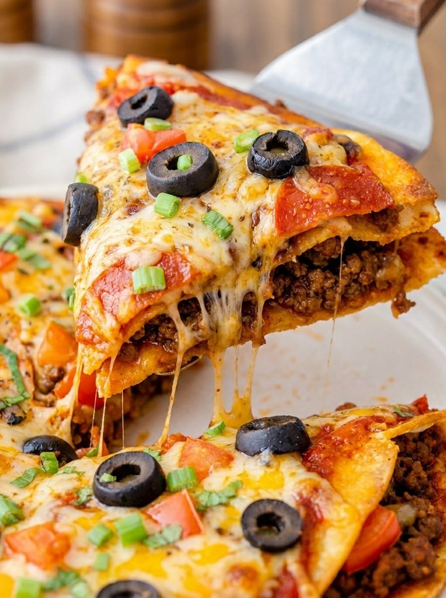 recipesbyclare's tweet photo. Copycat Taco Bell Mexican Pizza Recipe

Ingredients:
- 8 (8-inch) flour tortillas
- 2 tablespoons vegetable oil
- 1 cup refried beans, warmed
- 1 cup cooked, Mexican-seasoned ground beef
- 1/2 cup taco sauce
- 1/4 cup red enchilada sauce
- 2 cups shredded mozzarella cheese, divided
- 1 cup shredded Mexican cheese blend
- 1/2 cup diced tomatoes
- 3 tablespoons black olives
- 3 tablespoons chopped green onions

Instructions:
1. Preheat the Oven: Preheat your oven to 400 degrees.
2. Fry the Tortillas: Heat vegetable oil in a non-stick skillet over medium heat. Once hot, fry the tortillas one at a time until golden brown on both sides, about 2 to 3 minutes per side. Remove each fried tortilla and drain on a paper towel-lined plate.
3. Arrange Base Tortillas: Layout 4 of the fried tortillas on a baking sheet - these will be the bases for your pizzas.
4. Add First Layer: Spread an even layer of warmed refried beans on each base tortilla. Add a layer of the cooked Mexican-seasoned ground beef, then sprinkle with half of the mozzarella cheese.
5. Add Top Layer: Place one of the remaining fried tortillas on top of each pizza to create a sandwich-like structure.
6. Make the Sauce Mixture: In a small bowl, combine the taco sauce and red enchilada sauce. Mix well until combined.
7. Add Sauce and Cheese: Spread about 2 tablespoons of the sauce mixture over the top of each pizza. Sprinkle with the remaining mozzarella cheese and all of the Mexican cheese blend.
8. Bake: Bake at 400 degrees for 3 to 4 minutes until the cheese is melted and bubbly.
9. Top and Serve: Top each Mexican pizza with diced tomatoes, black olives, and chopped green onions. Slice into quarters and serve hot!