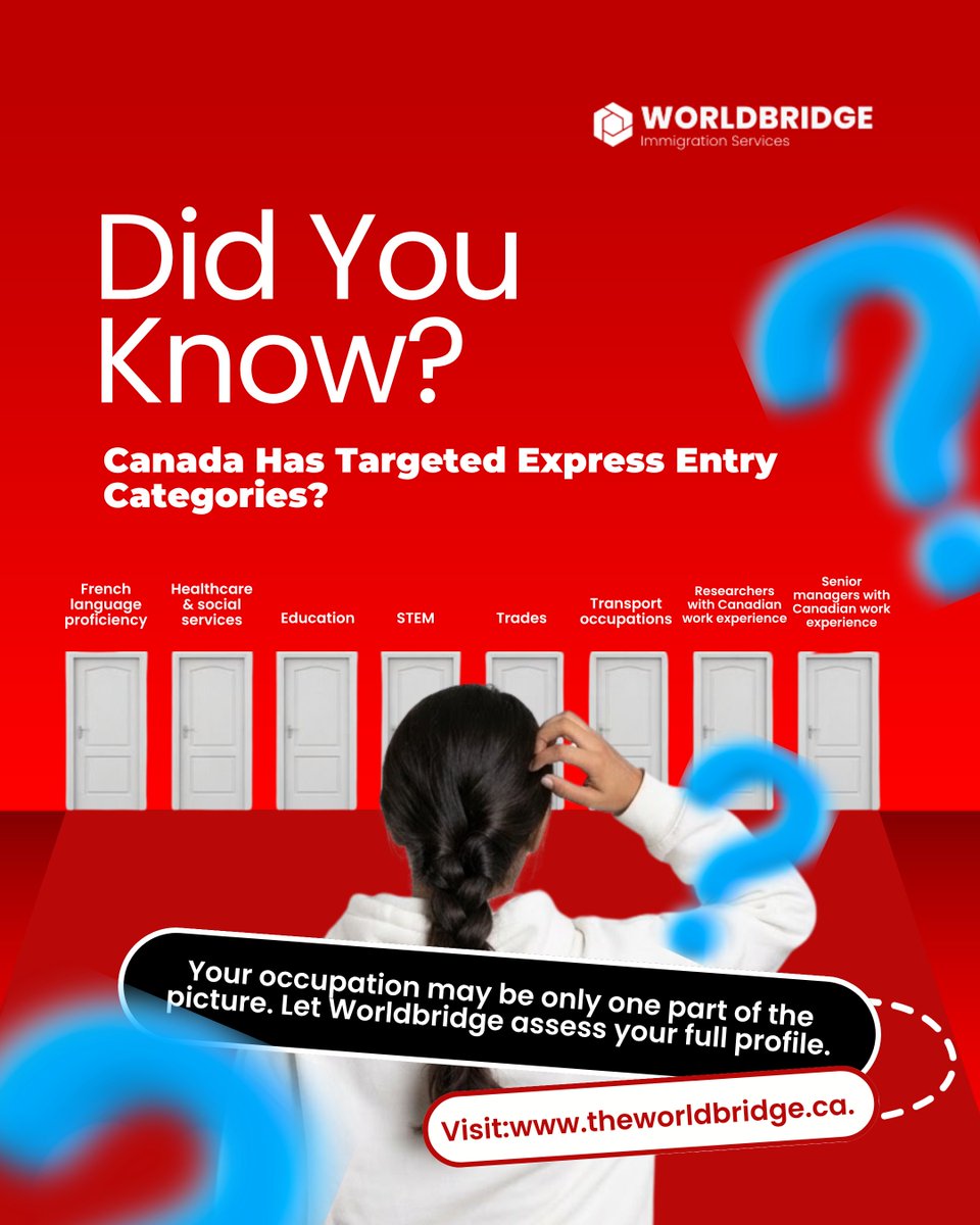 worldbridgehq's tweet photo. Express Entry is not simply one competition where every candidate is assessed under exactly the same selection criteria.📌

IRCC also uses category-based selection to invite candidates who meet specific requirements linked to economic priorities.
Depending on the category, factors such as your occupation, language ability, and Canadian work experience may play an important role.

🎯 The key is to determine which category, if any, you actually qualify for rather than assuming that appearing on an occupation list guarantees eligibility.

✅️ Your occupation may be only one part of the picture. Let Worldbridge assess your full profile.

#expressentry #canadaimmigration #canadapr #immigrationcanada #canadacareers