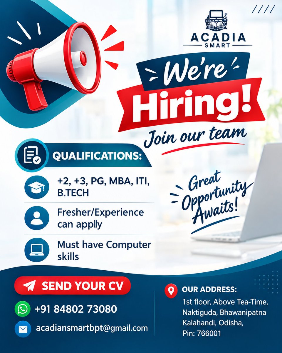 AcadiaSmar71098's tweet photo. WE’RE HIRING | ACADIA SMART

Eligibility:
• +2, +3, PG, MBA, ITI, https://t.co/SLw7j6xSv2 &amp; relevant qualifications
• Freshers &amp; experienced candidates can apply

Send Your CV
WhatsApp: +91 84802 73080

📍 Office Address:
1st Floor, Above Tea-Time, Naktiguda https://t.co/1KMVx2Yxhv