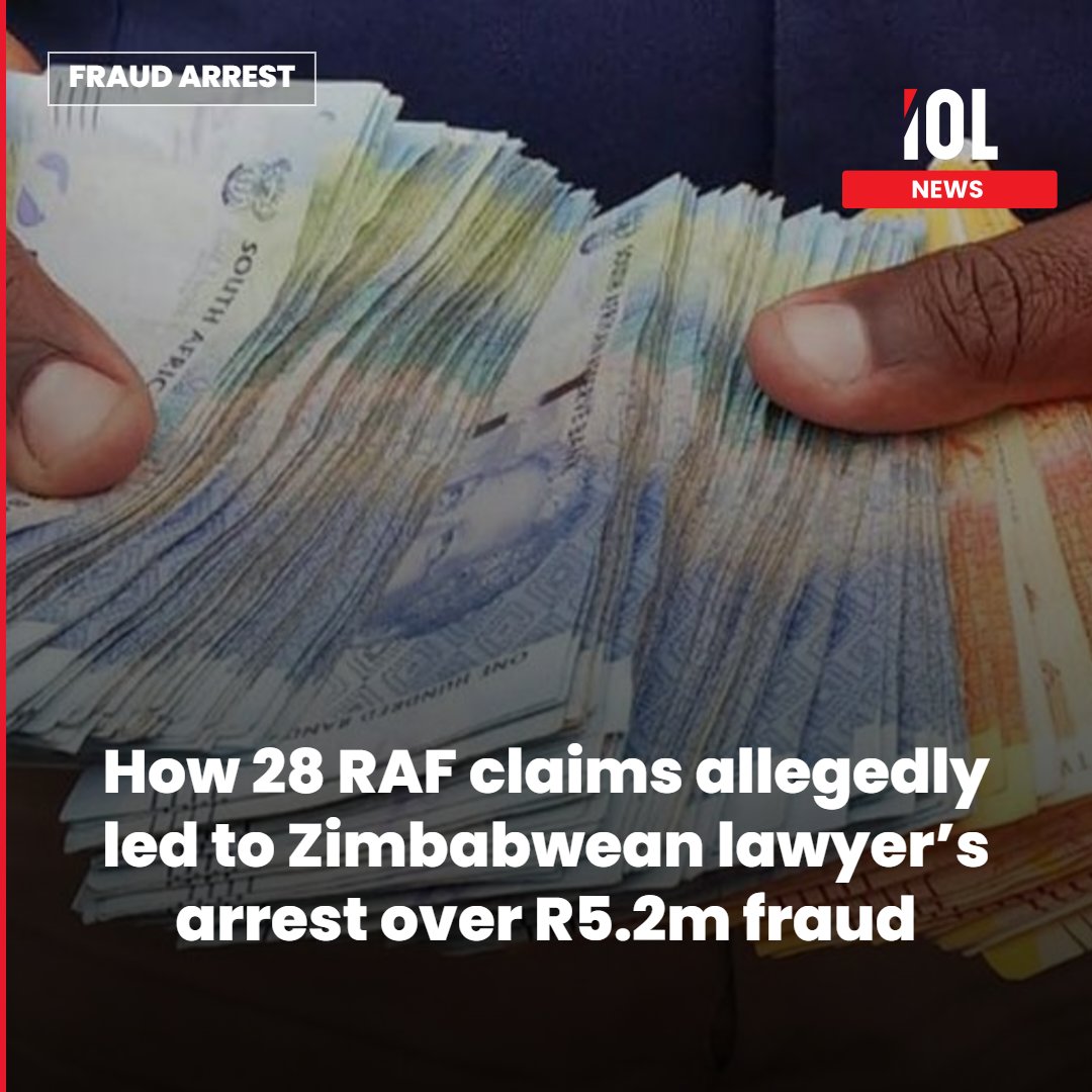 IOL's tweet photo. A Zimbabwean lawyer has been arrested in connection with allegations of fraud and theft of Road Accident Fund (RAF) trust funds, with complainants suffering more than R5.2 million in alleged financial prejudice and potential losses in the broader case estimated at more than R20 million, the Hawks said.
Read on https://t.co/8Mskbf60JM 
#news #FraudCase #RAFClaims #ZimbabweanLawyer #HawksArrest