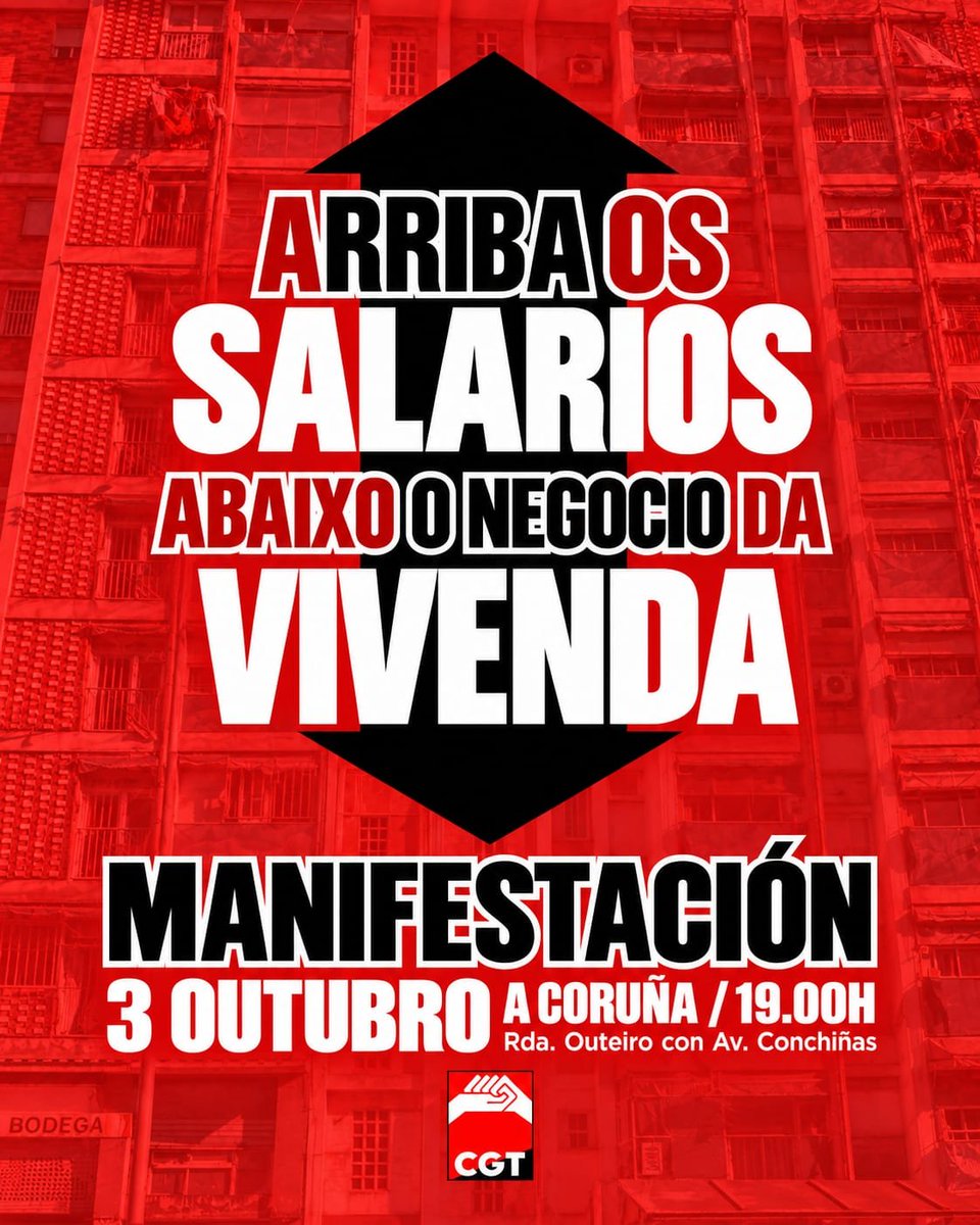 CGTACoruna's tweet photo. A VIVENDA RÓUBANOS A VIDA!

O 3 de outubro, saímos ás rúas da Coruña para dicir abonda xa co negocio da vivenda e co expolio á clase traballadora.

📍 Ronda de Outeiro coa avenida das Conchiñas
🕖 19:00 h

Arriba os salarios!
Abaixo o negocio da vivenda!

ACABEMOS CO RENDISMO! https://t.co/KCko31gCg7