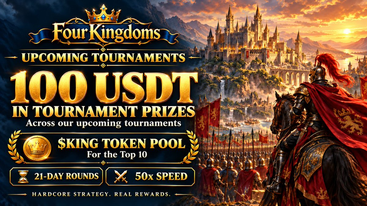 4kingdomsWeb3's tweet photo. ⚔️ Hardcore strategy. Real rewards. FourKingdoms will distribute $100 USDT in prizes across our upcoming tournaments. 💰 Plus a $KING token pool for the Top 10   21-day rounds  50x speed The battle for glory will come with real rewards.

#RobinhoodChain #Web3Gaming #FourKingdoms https://t.co/TAI9L5gbgz