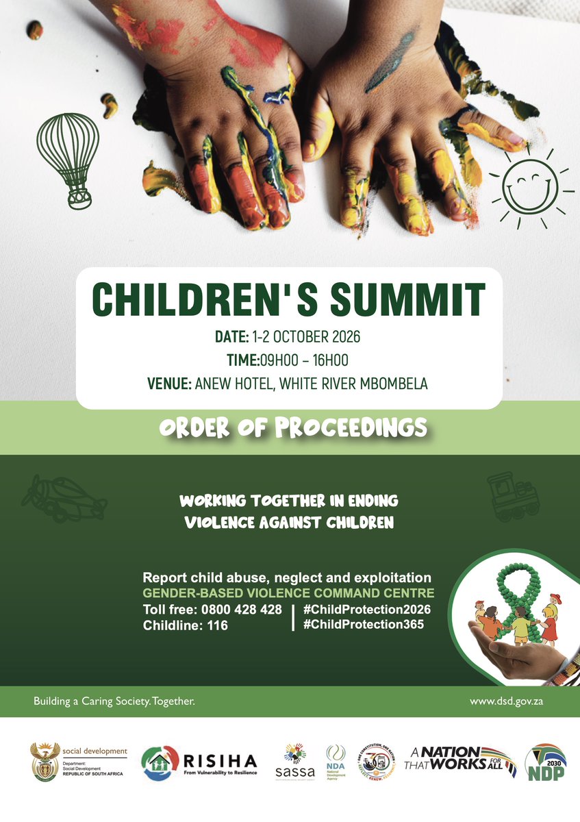 GovernmentZA's tweet photo. DAY 2 | CHILDREN’S SUMMIT 2026

Day 2 of the Children’s Summit on Ending Violence Against Children continues to place children’s voices at the centre of discussions on child protection, online safety and ending violence against children.

The Summit brings together children, government and partners to strengthen commitments towards safer environments for every child.

“Nothing about children without children.”

#ChildrensSummit2026 #EndViolenceAgainstChildren #ChildProtection365 #GovZAUpdates