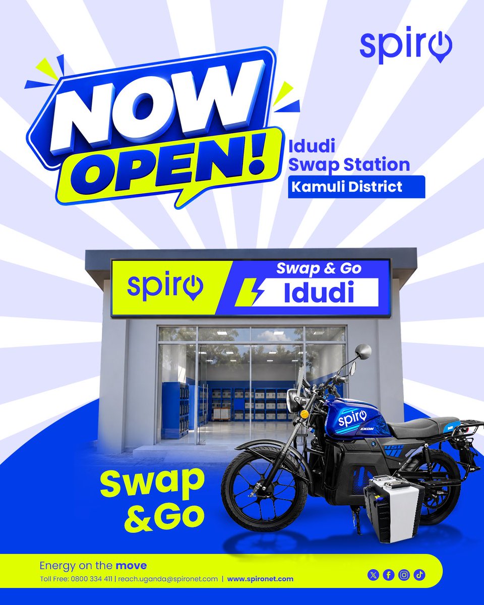 SpiroUganda's tweet photo. Ab’e Kamuli ne Iganga twabongeddeyo Swap.! 

Jangu ofune piki yo eya Spiro . Gamba nemunno!🥳

Ajeetaaze Ku loan oba Cash;

📍 Visit our Spiro Showroom today at Plot 11, Old Port Bell Road.

📞 Toll Free: 0800 334 411
📱 WhatsApp: 0200 934 489

#SpiroUganda https://t.co/g5dEyJER0b