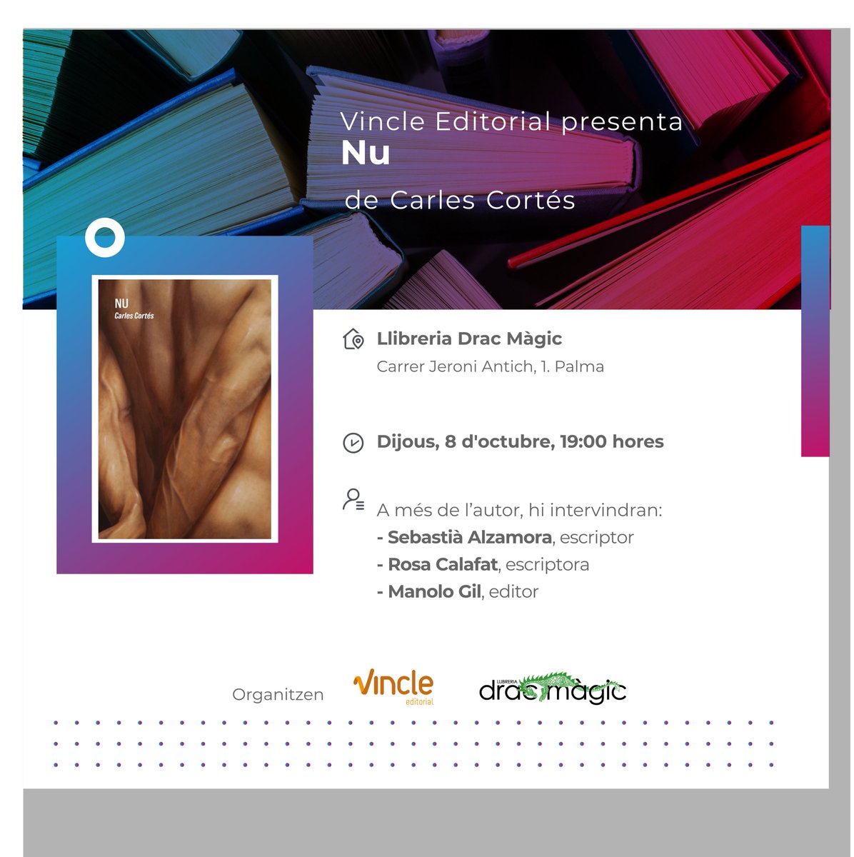 manologild's tweet photo. Pròximes pesentacions de @Vincle_Ed . Dimarts 6 d'octubre, Carme Mas Morillas presenta 'Petjades de llum' a Reus; dijous 8 d'octubre, @carlescortesua presenta 'Nu' a Palma amb Rosa Calafat Vila i @sebastialzamora . Us esperem. https://t.co/dphnhj4Wfp