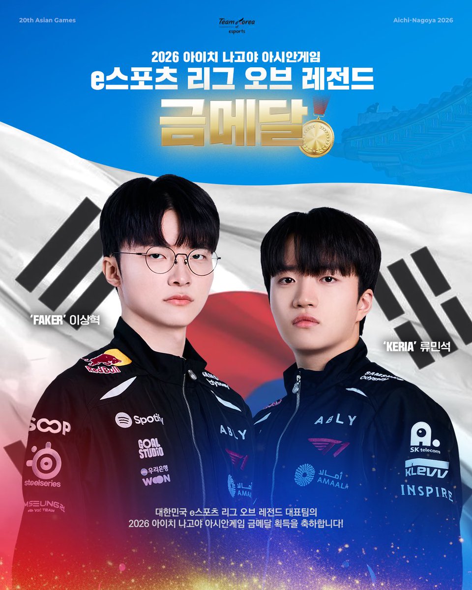 T1LoL's tweet photo. 🥇2026 아이치·나고야 아시안게임 리브 오브 레전드 종목 금메달

’Faker‘ 이상혁, ‘Keria‘ 류민석 선수가 함께한 대한민국 국가대표팀이 2026 아이치·나고야 아시안게임 리브 오브 레전드 종목에서 금메달을 획득했습니다!🇰🇷

자랑스러운 대한민국 국가대표팀에 축하와 응원을 보내주세요!

With  Lee ‘Faker’ Sang-hyeok and Ryu ‘Keria’ Min-seok on the roster, Team Korea has won the gold medal in League of Legends at the 2026 Aichi-Nagoya Asian Games! 🇰🇷

Join us in congratulating Team Korea and cheering them on!