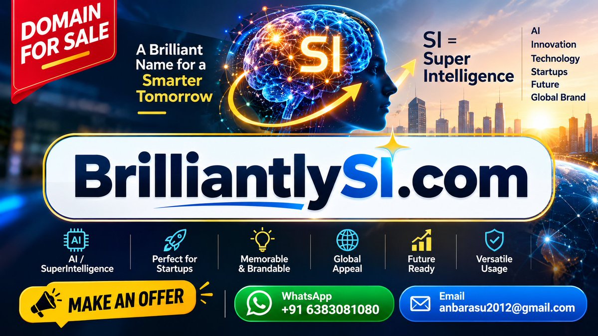 domainarry's tweet photo. #DomainForSale #DomainsForSale #PremiumDomain #PremiumDomains #DomainName #DomainSales #BuyDomain #DomainInvestor #DomainInvesting #DomainMarketplace #DigitalAsset #BrandableDomain #BrandableDomains #StartupBranding #BusinessName #OnlineBusiness #StartupNames #TechStartup #AIStartup #AIBusiness #SuperIntelligence #ArtificialIntelligence #FutureTech #TechDomains #COMDomain #DotCom #BrilliantlySI #BrilliantlySIcom #MakeAnOffer #DomainBroker #DomainHunter #DomainPortfolio #Web3Domains #DigitalBranding #BrandIdentity #Entrepreneur #Startups #BusinessBranding #GlobalBrand