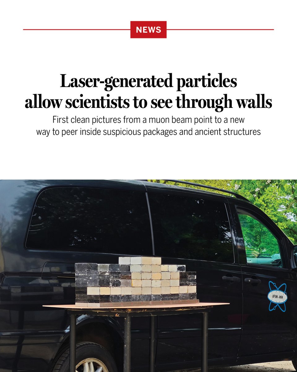 ScienceMagazine's tweet photo. In June, researchers used the world’s most powerful laser to create a particle beam, which they sent blasting through a concrete wall and into a black van. The exercise produced a new sort of photograph—one that doesn’t rely on light at all.

After processing the data, the team has now released images: a shadow of a pile of lead blocks perched between the wall and the van. 

For the first time, the researchers showed the images were created almost entirely by muons, high energy particles produced by the laser, they reported in a preprint.

Such on-demand muon beams could eventually be used to reveal objects that light cannot penetrate, from subsurface archaeological structures to concealed nuclear materials shipped across borders. https://t.co/Xyf5WDtBM6 @NewsfromScience