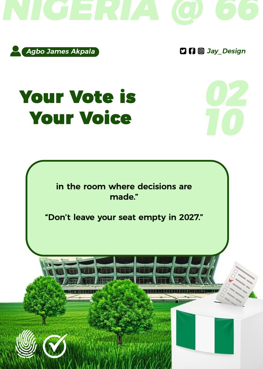 AgboAugust's tweet photo. Your vote is your voice
in the room where decisions are made.Don’t leave your seat empty in 2027.Check your PVC.
Be heard.
#IndependenceVotes #Vote2027 #YourVoteYourVoice #NigeriaDecides2027 https://t.co/jgblkrjjVR