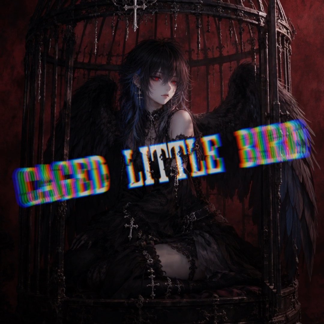 A digital illustration of a pale, dark-haired anime-style female character with red eyes and black wings, sitting inside an ornate metal cage against a dark red background, overlaid with rainbow-colored glitch text reading 'SPEED LITTLE BIRDS'.