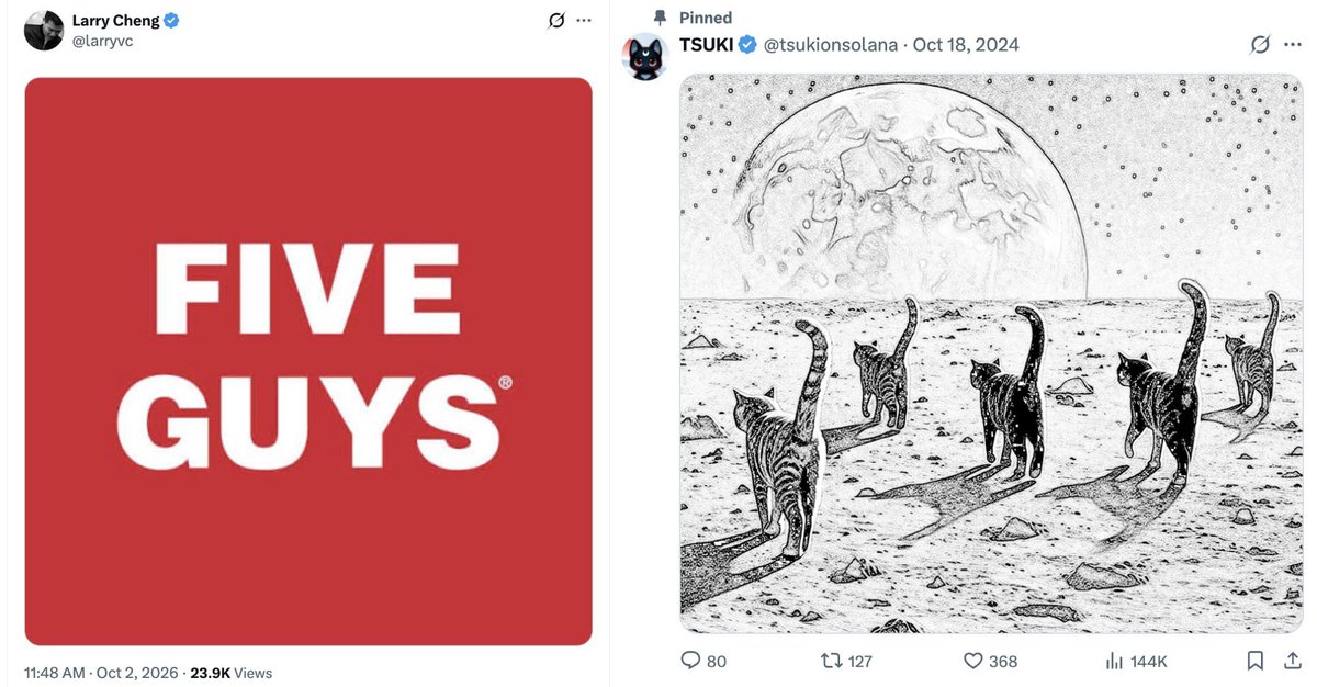 poolwolv's tweet photo. First, Five Cats. 🐈‍⬛🐈‍⬛🐈‍⬛🐈‍⬛🐈‍⬛

Then Mr. Wizard changes his profile picture to an “Always Has Been” meme.

Same planetary profile.
The original Ohio meme? October 17, 2019.
The Five Cats connection? October 17.

Then Tsuki posts the V for Vendetta scene, five men sitting in front of what looks like a screen or a moon.

And now Larry Cheng posts:

“FIVE GUYS”

Was Tsuki hinting at this all along?

From the Mr. Wizard profile pointing back to Five Cats… to Larry Cheng now posting “FIVE GUYS.”

Some will say this is just a coincidence 🤷