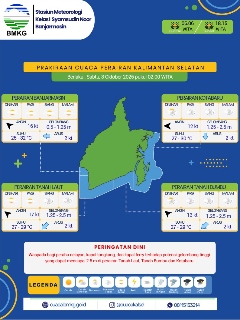 cuacakotabaru's tweet photo. Selamat Sore, sobat cuaca!
Berikut kami sampaikan prakiraan cuaca wilayah Kalimantan Selatan untuk esok hari Sabtu, 3 Oktober 2026 mulai pukul 02.00 WITA.

#CuacaKalsel #infoBMKG #InfoKalsel #CuacaKotabaru #KotabaruInfo #BanggaMelayaniBangsa https://t.co/vZEUMS6zV6