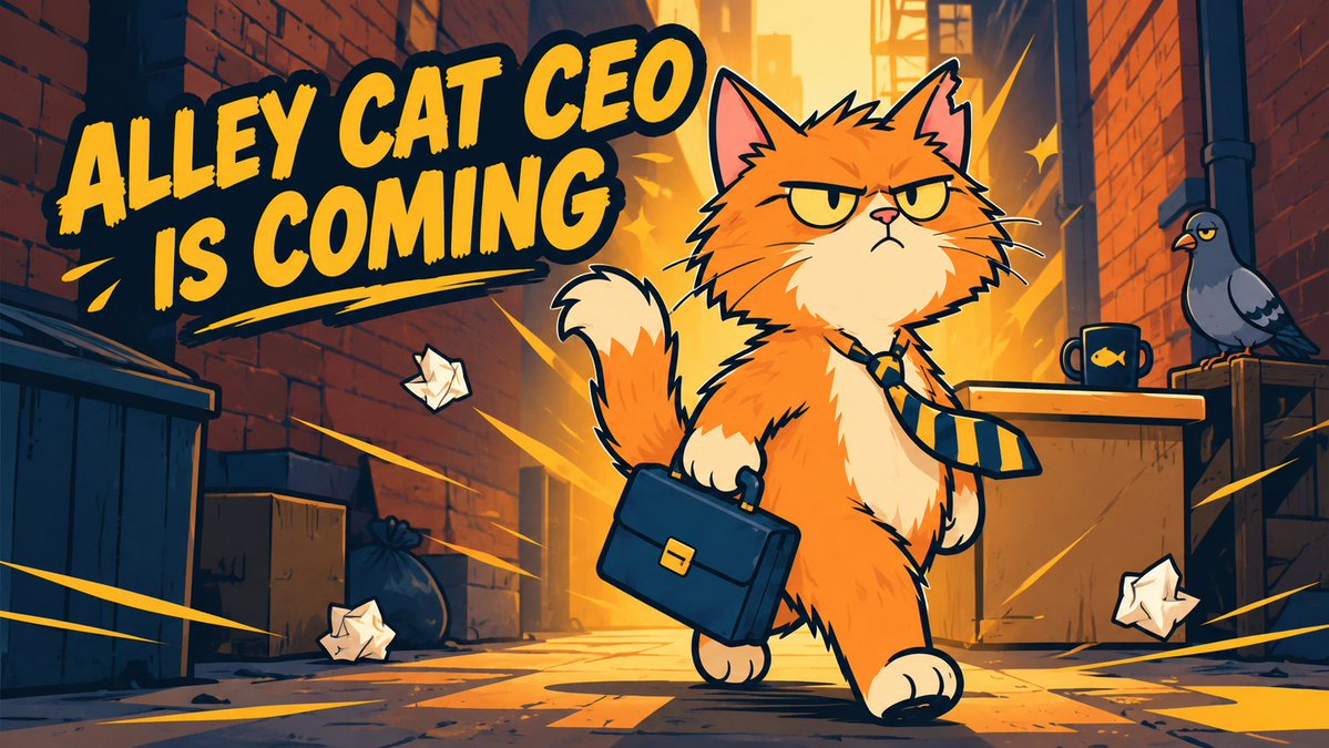 AlleyCat_Ceo's tweet photo. Every office has a boss. This one has a cardboard box. 📦

A stray cat just declared himself CEO. First meeting: one pigeon. It left early. Marked: productive.
Alley Cat CEO is coming. 🐟

#AlleyCatCEO #Solana #memecoin https://t.co/q4HA5p9VaD