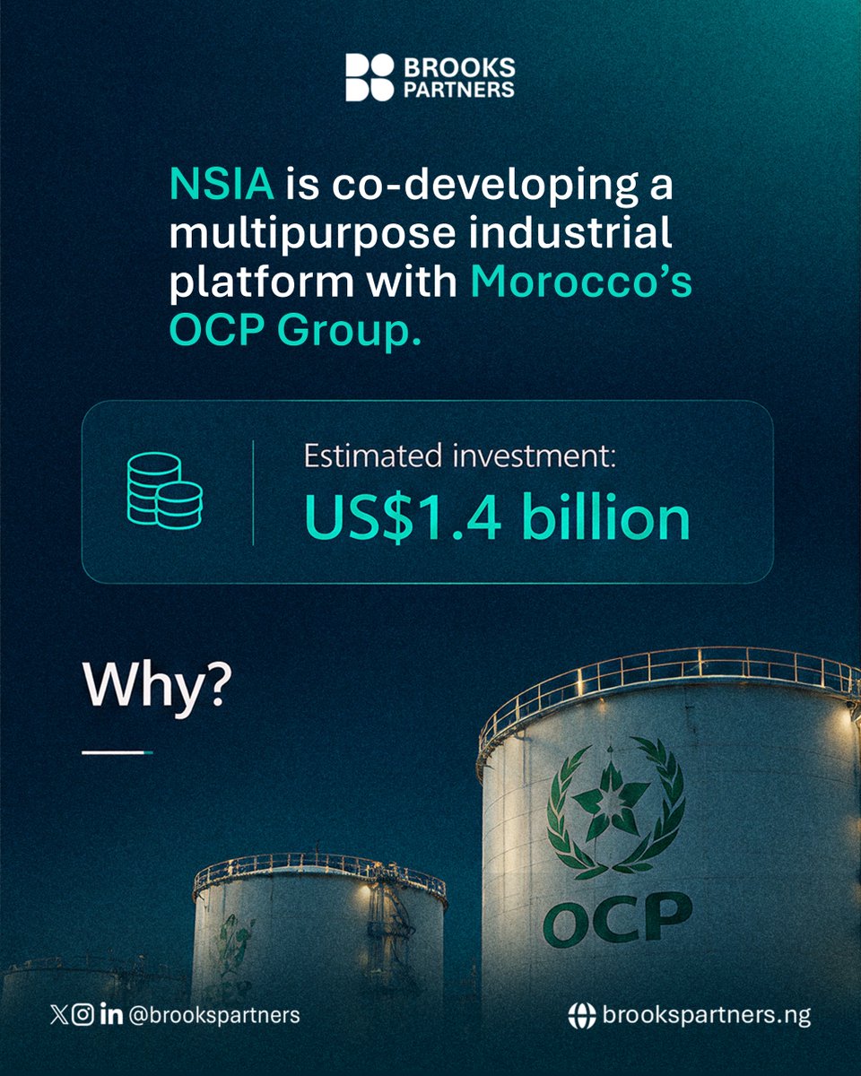 Brooks_Partners's tweet photo. US$1.4bn to unlock Nigeria’s industrial potential. 

NSIA and OCP Group are partnering to leverage Nigeria’s gas resources for ammonia and fertilizer production.

Capital. Capability. Partnership.

Read our latest article.

#NSIA #Investment #Nigeria #brookspartners https://t.co/kebbB8AUZK