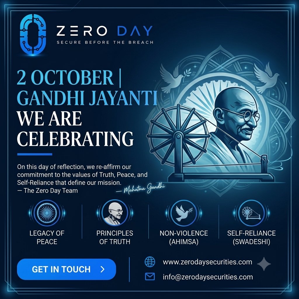 zeroday0026's tweet photo. 🇮🇳 2 October | Gandhi Jayanti
Today, we remember Mahatma Gandhi and the timeless values of Truth, Peace, Non-Violence &amp; Self-Reliance.

🌐 https://t.co/mXDEoJJbED
📩 info@zerodaysecurities.com

#GandhiJayanti #2October #MahatmaGandhi #Ahimsa #Peace #ZeroDay #India https://t.co/hv3b22TWFh