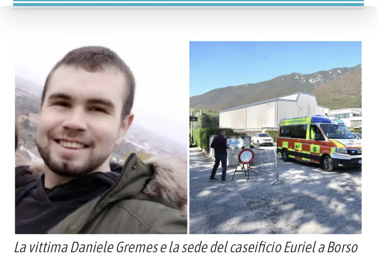 pleporace's tweet photo. Piango Daniele Gremes, 27 anni, operaio della Eurial di Semonzo di Borso del Grappa morto in ospedale. Era rimasto coinvolto nell'esplosione di un tubo avvenuta al caseificio dove lavorava. Quasi nessuno ne ha dato notizia. https://t.co/dC4nmvCsYx