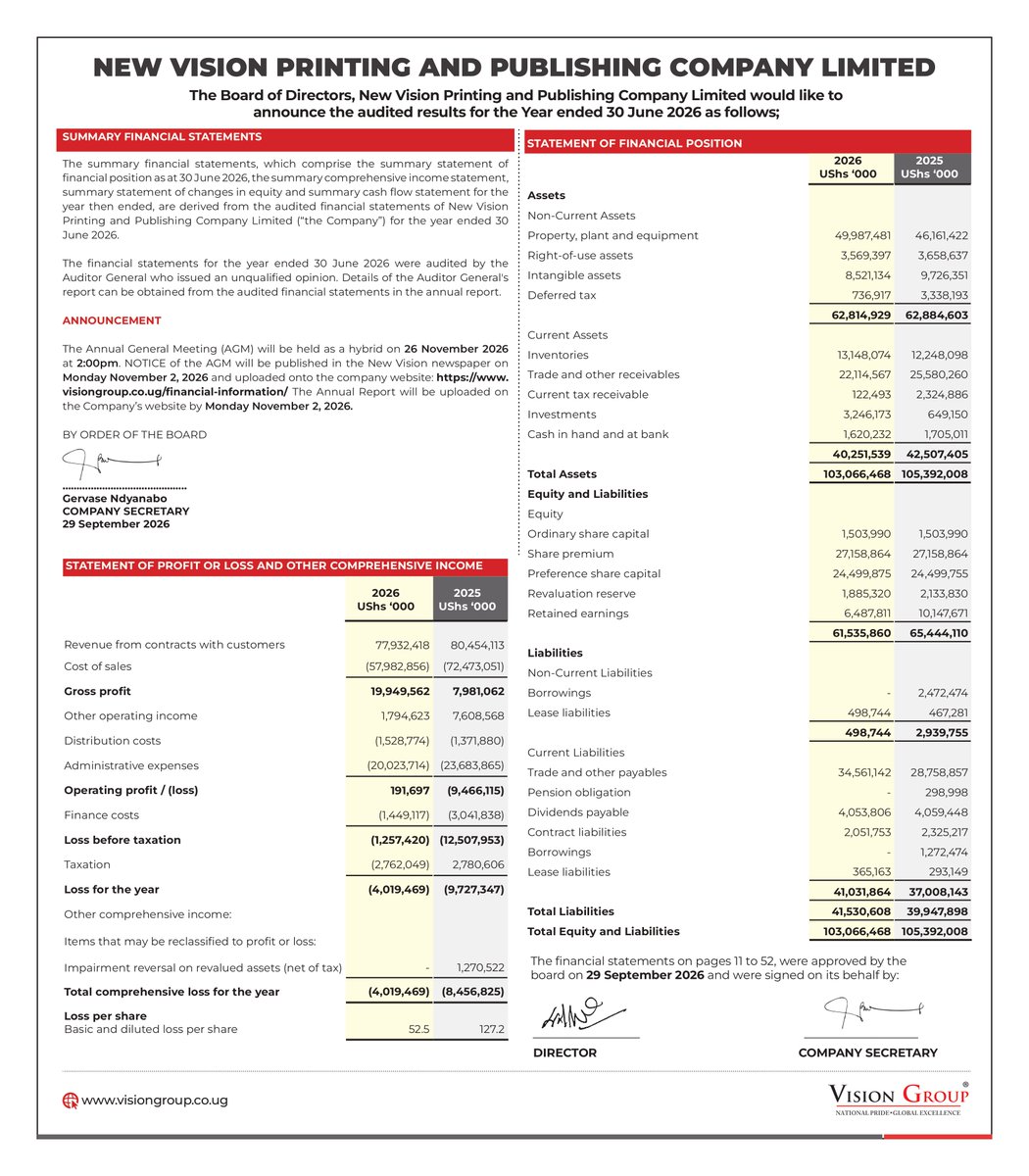 USEUganda's tweet photo. NOTICE: @VisionGroup have released their audited financial statements for the year ended 30th June 2026.

For more information, please follow the link to our website:  https://t.co/Tl1RPbDY5t