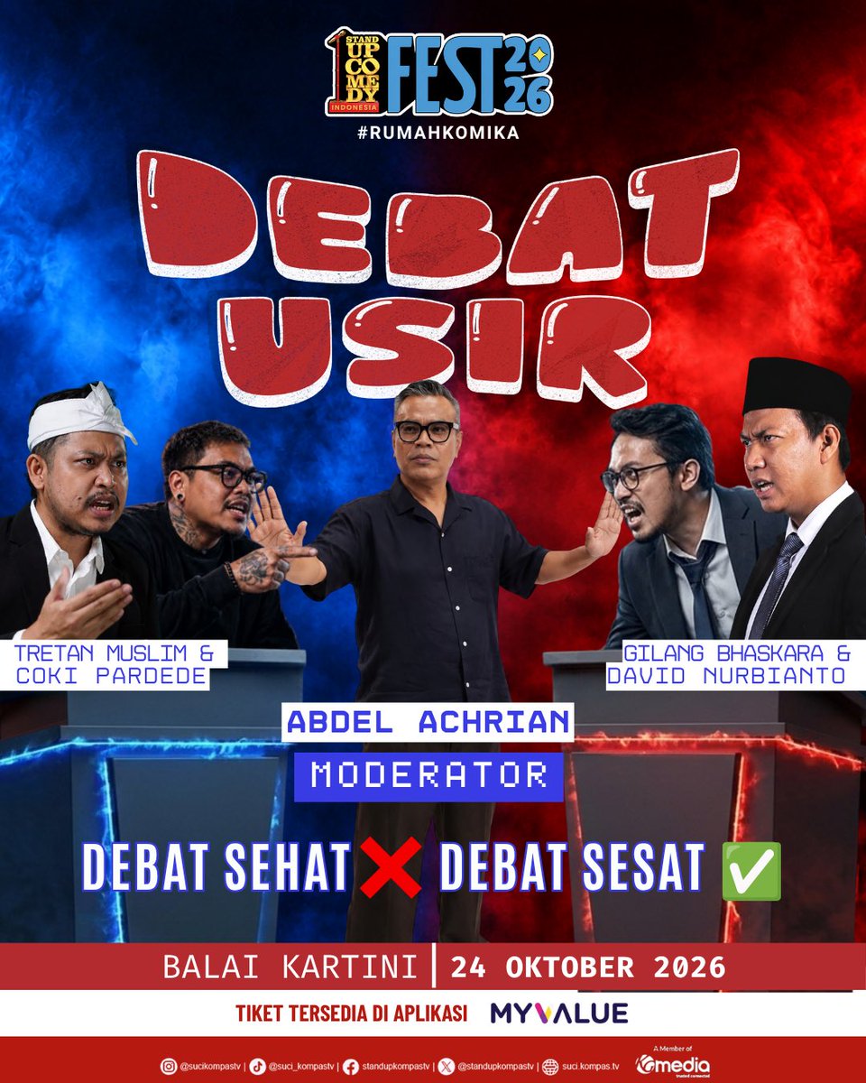 StandUpKompasTV's tweet photo. Jangan debatin pem… bahaya‼️

Eh tapi seru juga siih🤭

Nonton langsung aja deh! Buruan amankan tiketnya di sini https://t.co/npwjVTLonK ✨

#SUCIFest2026 #SUCIKompasTV #StandUpComedyIndonesia #RumahKomika https://t.co/P7nnaYXbz5