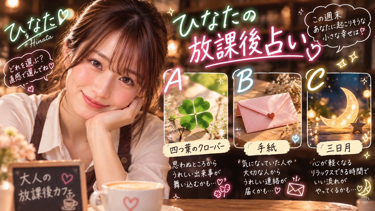 houkago_cafe's tweet photo. ひなたの放課後占い🔮
「この週末、あなたに起こりそうな小さな幸せは？」
3択から選んでね😊
A 🍀 四つ葉
B 💌 手紙
C 🌙 三日月
#AI美女 #AIart️️️️️️️️️️️️️️️️️️️️️️️️️️️️️️️️️️️️️️️️️️️️️️️️️️️ https://t.co/IcfrPSKUif