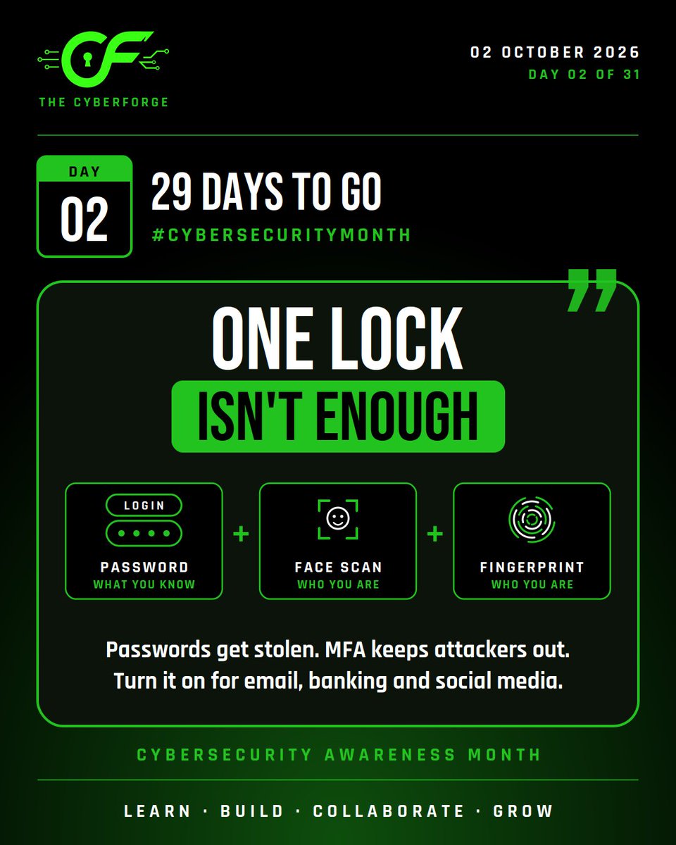 the_cyberforge's tweet photo. 🔐 DAY 2: ONE LOCK ISN'T ENOUGH

Multi Factor Authentication  proves it's really you: something you know (password), something you are (face, fingerprint). Even if your password leaks, attackers still can't get in.

#CYBERFORGE #MFA https://t.co/03ZgfMZYZI