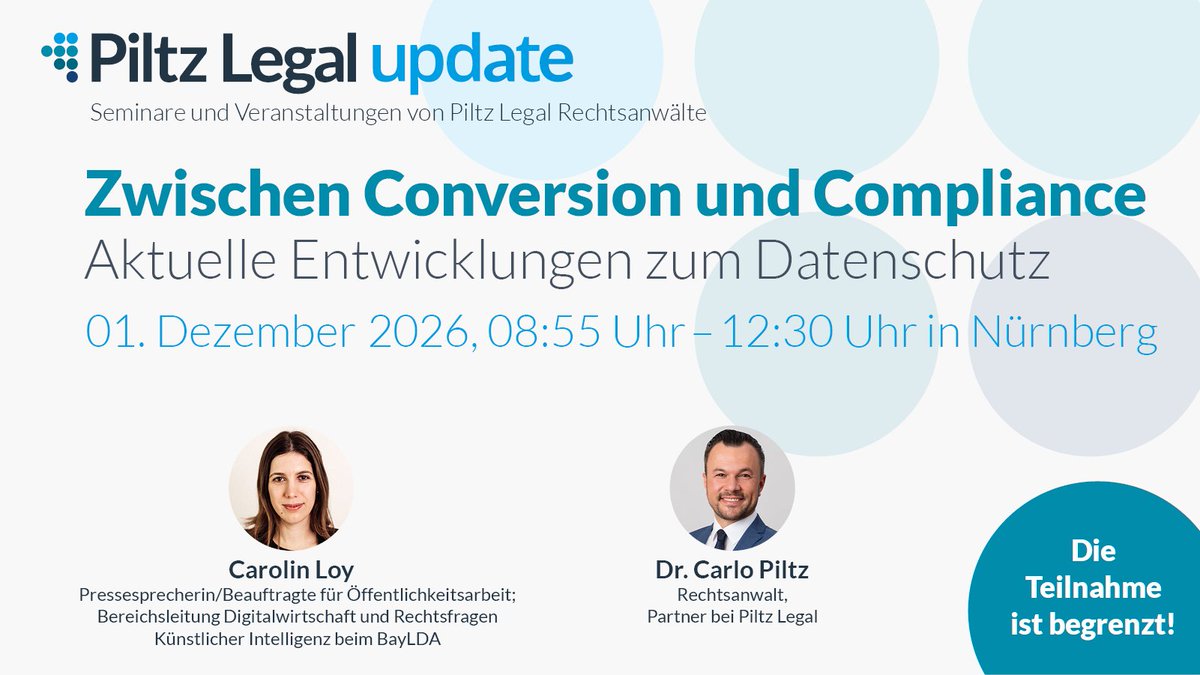 PiltzLegal's tweet photo. Wie lassen sich Online-Plattformen, Tracking, Cookies, Marketing und KI datenschutzkonform gestalten? Unser Seminar gibt praxisnahe Orientierung. Anmeldung &amp; Informationen➡️https://t.co/cSv2obMwL3
#Datenschutz #DSGVO #KI #OnlineMarketing https://t.co/M4nbxhCdTC