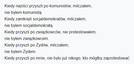 ZapiskiInvest's tweet photo. @ar2__d2 @Wipler1978 @SlawomirMentzen @donaldtusk Zacytuję wiersz, który idealnie odzwierciedla argument: "mnie to nie dotyczy więc to nie mój problem". Wiem, że w naszym przypadki, nikt po nikogo nie przychodzi, nie morduje itp. Chodzi mi o mechanizm. Mam nadzieję, że zrozumiesz. https://t.co/Ez3no4iIcc