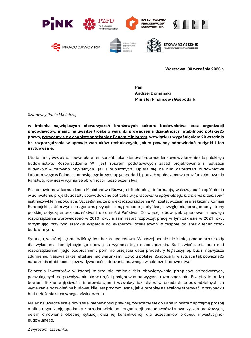 _PZPB's tweet photo. ⚠️Niepewność prawna, problemy z wydawaniem pozwoleń na budowę i ryzyko opóźnień inwestycji.

20 września br. wygasło rozporządzenie określające podstawowe zasady projektowania i realizacji budynków. Nowe przepisy wciąż nie zostały wydane. Rozwiązania tymczasowe budzą wątpliwości interpretacyjne, co już dziś powoduje problemy w urzędach.

Dlatego 7 organizacji: @_PZPB , @PZFD_ , Polska Izba Nieruchomości Komercyjnych, @PracodawcyRP, Stowarzyszenie Architektów Polskich, Stowarzyszenie Budowniczych domów i mieszkań oraz Stowarzyszenie Towarzystw Budownictwa Społecznego wystąpiło wspólnie do Ministra Finansów i Gospodarki @Domanski_Andrz z apelem o pilne spotkanie.

Budownictwo potrzebuje jasnych przepisów i przewidywalnych warunków prowadzenia inwestycji. Obecna sytuacja wymaga pilnego rozwiązania⚠️

📄 Pełna treść wspólnego apelu w załączeniu.
@MF_GOV_PL  #apel #dialog #budownictwo #infrastruktura
