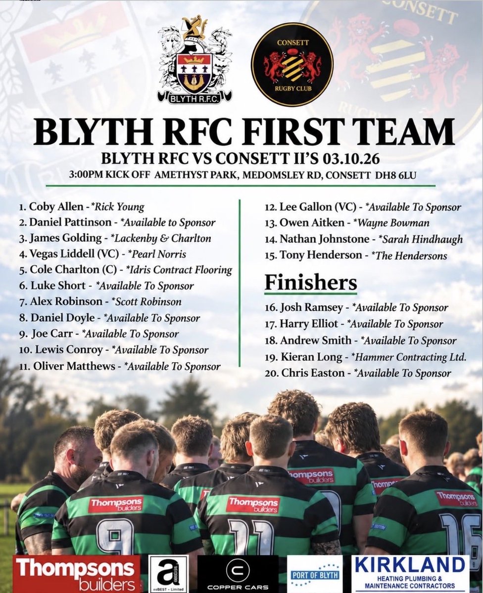 BlythRugbyClub's tweet photo. Coby returns from emptying his sack on a romantic getaway! Gallon returns after a double booking with a tattoo! this is the first time a BRFC have had a wing duo with the combined weight of a school girl as OJ and Pikey are the starting flyers! Also ramma got engaged, congrats!😬 https://t.co/j1CAZeAt9F