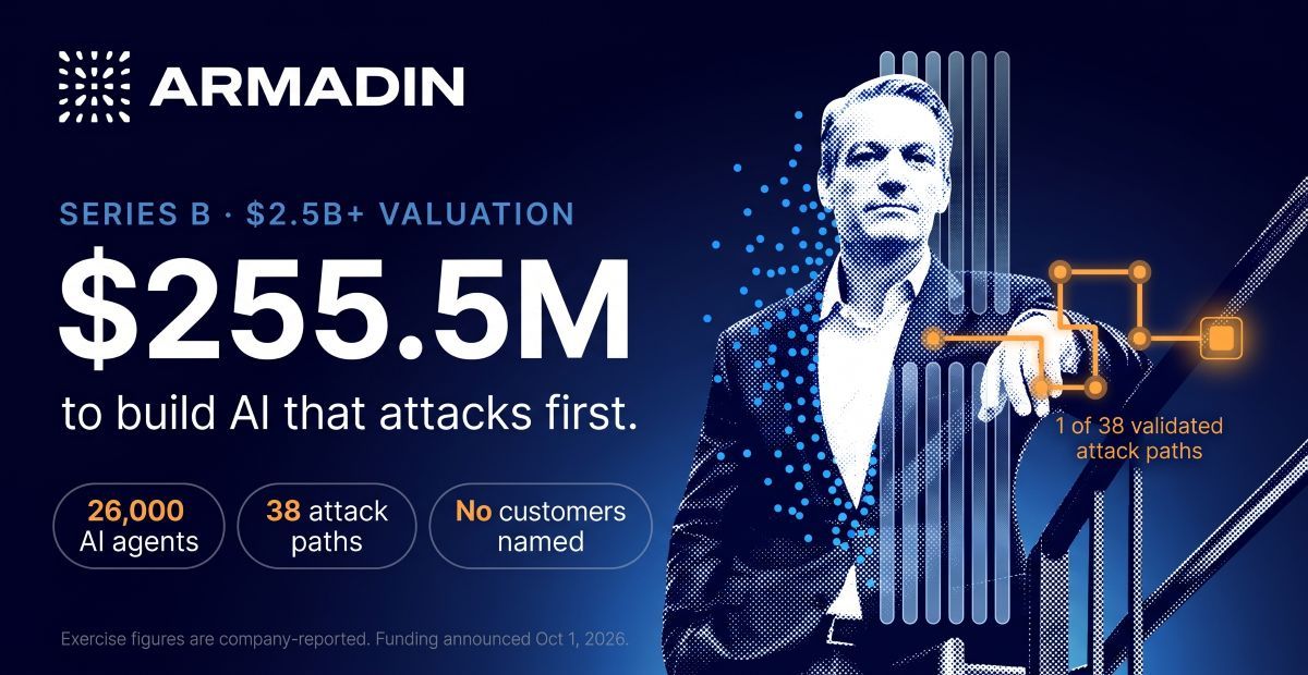 Datafloq's tweet photo. $255.5M Series B. $2.5B+ valuation. 7 months out of stealth.

Kevin Mandia’s AI startup Armadin is pricing founder conviction and vision ahead of customer metrics.
Here is how the deal stacks up in the current AI venture market:
https://t.co/3KPVSw3K30 

#Startups https://t.co/MCsw0nM1U6