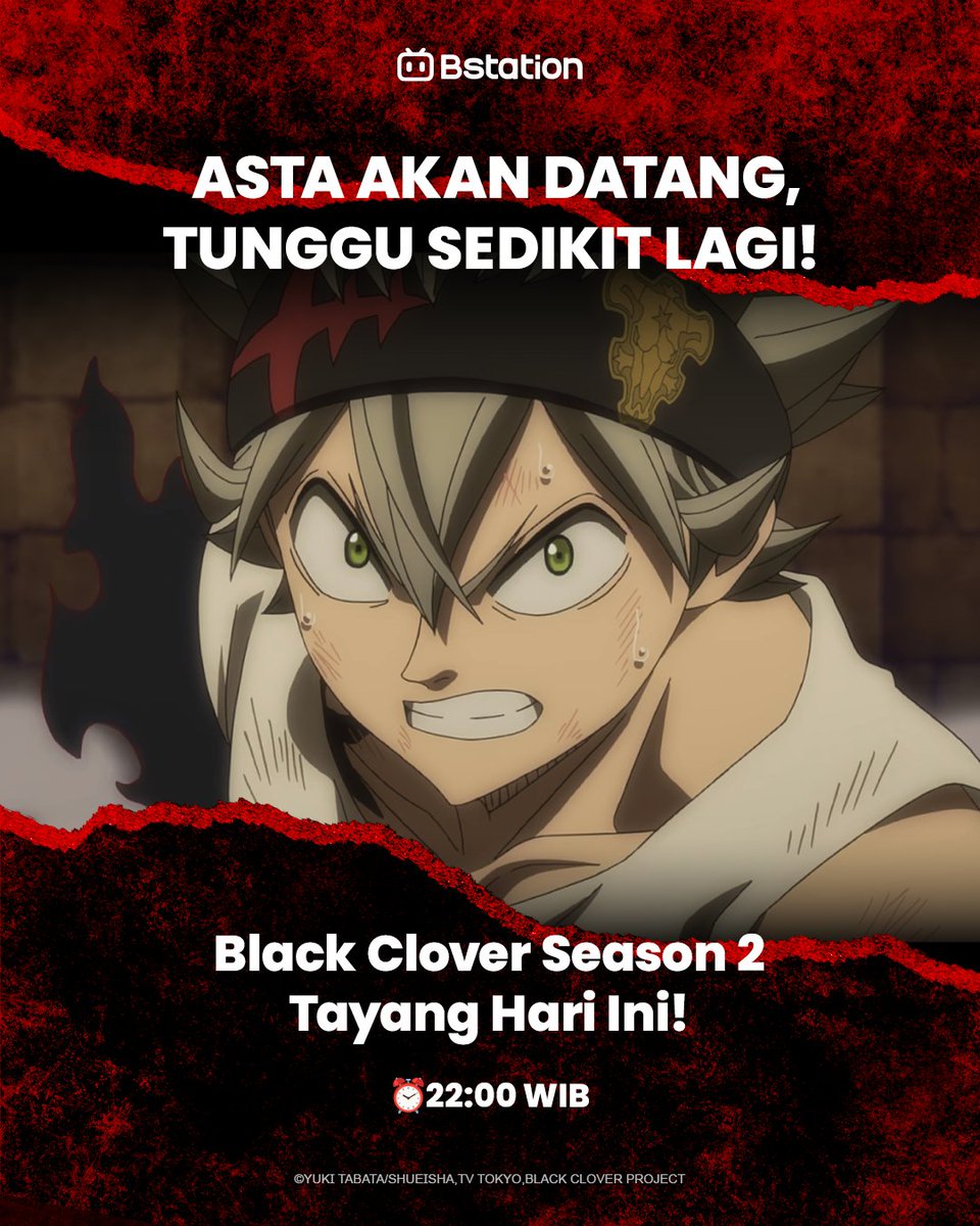BstationID's tweet photo. #BSTATIONEWS Informasi mengenai jadwal tayang Black Clover Season 2:

🍀Black Clover Season 2 akan tayang di Bstation hari ini pada pukul 22:00 WIB.

🔗Siapkan dirimu untuk menyaksikan kembalinya Asta: https://t.co/MwRfjtoewo

#BlackClover #bstation #bstationbeyondanime #bstationfallanime