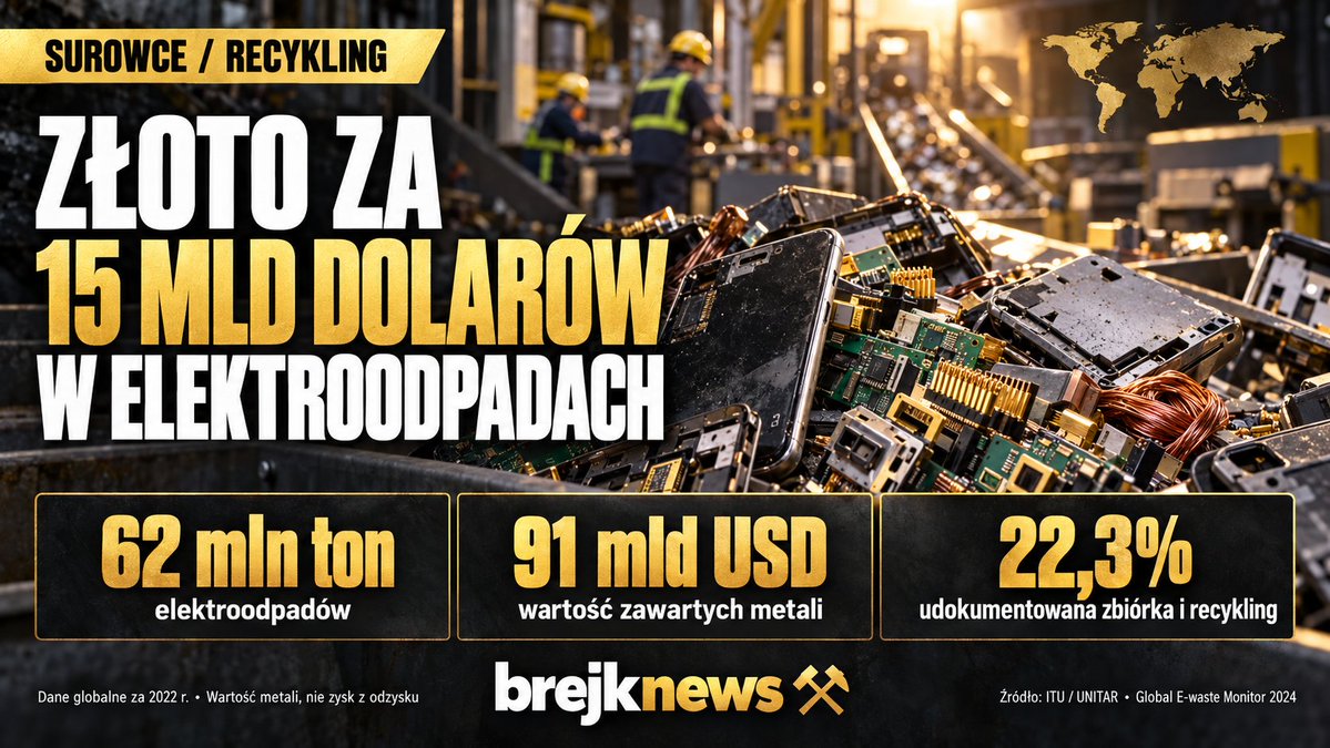 BrejkNews's tweet photo. 💰 ZŁOTO ZA 15 MILIARDÓW DOLARÓW. W SPRZĘCIE, KTÓRY STAŁ SIĘ ODPADEM.

Brzmi jak clickbait? To szacunek z raportu ITU i UNITAR „Global E-waste Monitor 2024”.

W samym 2022 roku na świecie powstały 62 mln ton elektroodpadów — zużytego sprzętu elektrycznego i elektronicznego.

Zawarte w nich metale wyceniono na około 91 mld dolarów, w tym:
• złoto — 15 mld dolarów,
• miedź — 19 mld dolarów,
• żelazo — 16 mld dolarów.

To wartość metali zawartych w odpadach, a nie gotowy zysk dla firmy recyklingowej ani wycena według dzisiejszych cen.

Najciekawsza jest jednak kolejna liczba.

♻️ Tylko 22,3% masy tych elektroodpadów objęto udokumentowaną formalną zbiórką i recyklingiem.

Uwaga: nie oznacza to, że odzyskano dokładnie 22,3% złota. Wskaźnik dotyczy masy sprzętu, a poszczególne materiały odzyskuje się z różną skutecznością.

Tu zaczyna się „górnictwo miejskie”: pozyskiwanie surowców ze zużytych produktów.

Moim zdaniem właśnie tak warto patrzeć na ten sektor — jak na część przemysłu surowcowego. Potrzebuje sprawnej zbiórki, technologii odzysku i odbiorców metalu. Sama obecność złota w urządzeniu nie sprawia, że jego odzyskanie będzie opłacalne.

Metal już wydobyto. Zapłacono za jego przeróbkę. A później trzeba jeszcze umieć odzyskać go z produktu.

Ile starych telefonów leży u Was w szufladzie — i co sprawiłoby, że oddalibyście je do zbiórki?

Źródło: ITU / UNITAR, Global E-waste Monitor 2024, dane za 2022 r.
https://t.co/3H3rbS6EDo

#BrejkNews #Surowce #Recykling #Złoto #Miedź
