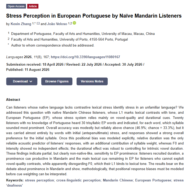 Languages_MDPI's tweet photo. 👂Can your native language influence how you perceive stress?
📰Stress Perception in European Portuguese by Naïve Mandarin Listeners
✏️by Kexin Zhang and João Veloso
🔗https://t.co/e66xoi6U6B
#LanguagesMDPI #Linguistics #Phonetics #SpeechPerception #Mandarin #Portuguese https://t.co/bo05FkNxP7