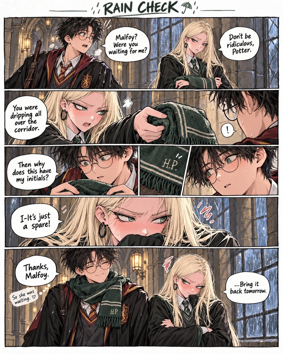 YeongukC's tweet photo. Malfoy definitely wasn’t waiting for Potter.
she just happened to bring him a scarf with his initials on it 💚
and of course he has to return it tomorrow.
#Malfoid #FemDraco https://t.co/4qH0lWeDp7