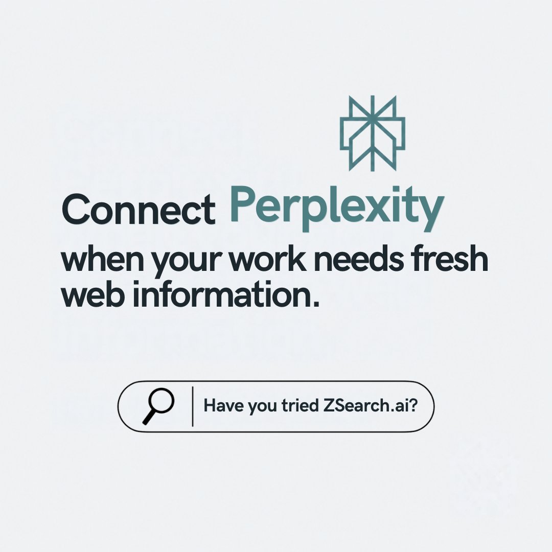 ZsearchAI's tweet photo. Need current web information for a brief or decision? Connect Perplexity, research the latest updates, and check the sources. #Perplexity #WebResearch https://t.co/UNqpmfJEcZ