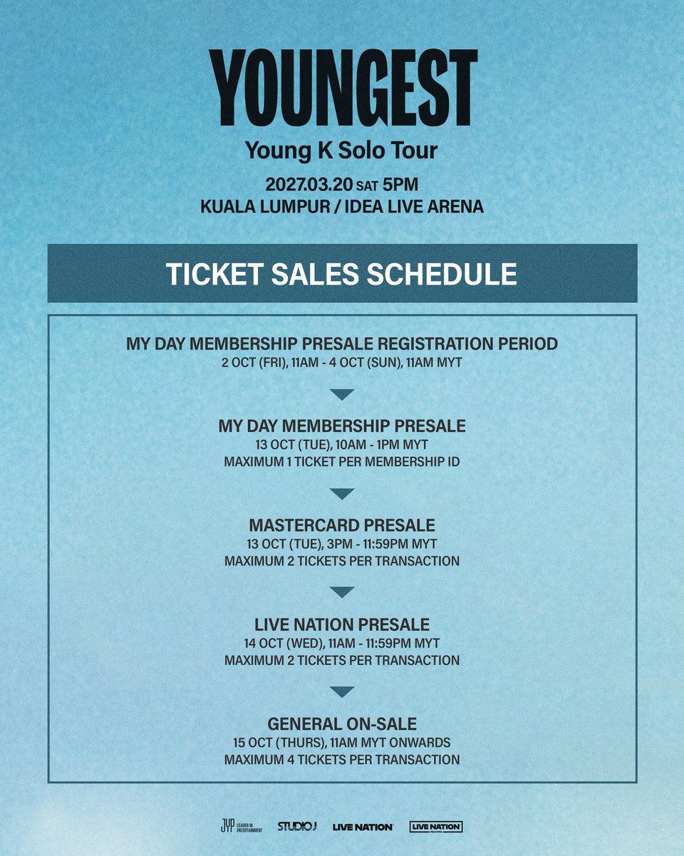 GoLiveAsia's tweet photo. My Day, this is what you’ve waited for! 🩵 Young K is finally coming back to Malaysia for his solo tour! ✨

Save the dates and get ready to secure your tickets 🎟️

Young K Solo Tour <YOUNGEST> in KUALA LUMPUR
📅 20 March 2027 (SAT)
📍Idea Live Arena
🎫: https://t.co/k5orR3DOdz https://t.co/qID6iNMKdI