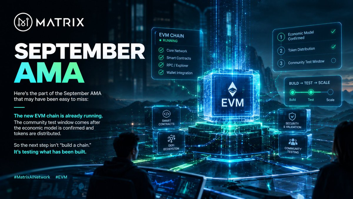 MatrixAINetwork's tweet photo. Here’s the part of the September AMA that may have been easy to miss:

The new EVM chain is already running.

The community test window comes after the economic model is confirmed and tokens are distributed.

So the next step isn’t “build a chain.”

It’s testing what has been built.

#MatrixAINetwork #EVM
