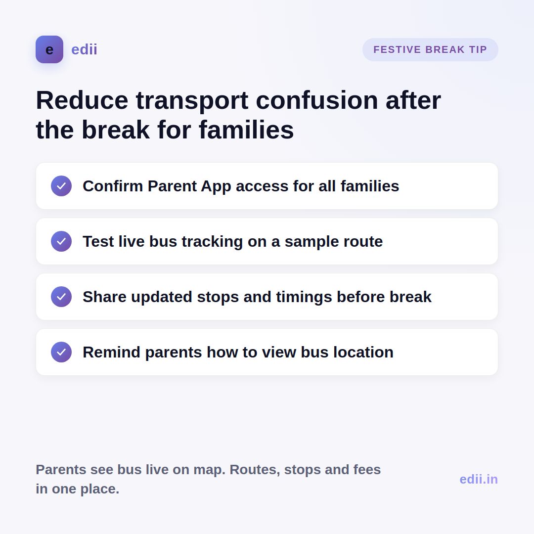 TeamEdii's tweet photo. Before the festive break, check parent app access and test bus-live tracking. Families know exactly when to expect the vehicle—cutting confusion and last-minute calls when routes resume.
See it here: https://t.co/HI1UzNdiJG
#EDII #AISchoolOS #SchoolBus https://t.co/HFHZkrskFf