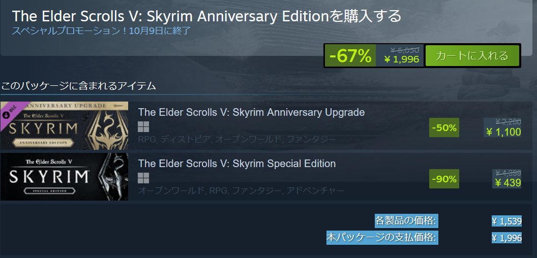 jumpyplayer's tweet photo. Steam版スカイリムのスペシャルエディション版が90%オフの439円でセール中です。
ところでスペシャルエディションとアニバーサリーアップグレード(DLC)をパッケージで買うより別々で買った方が安く買えるように見えるんですが。
https://t.co/5fVgYPFo1m https://t.co/7dQL0R38oU