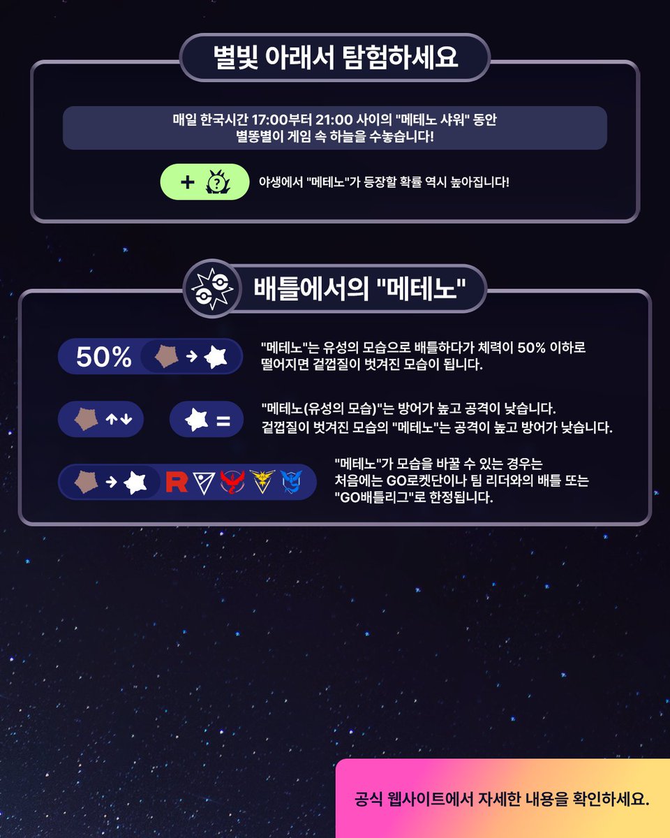 pokemongoappko's tweet photo. 트레이너 여러분, 별빛 아래서 탐험하고 "메테노"도 만나 보세요!
 
🗓️🌠 일 년 중, 특정 유성우가 쏟아지는 기간에는 다양한 색의 코어를 가진 "메테노"가 "Pokémon GO"에 처음으로 야생에 등장합니다! #PokemonGO #포켓몬GO
 
👉 https://t.co/CDqG318m28 https://t.co/ZgmlWnEffe