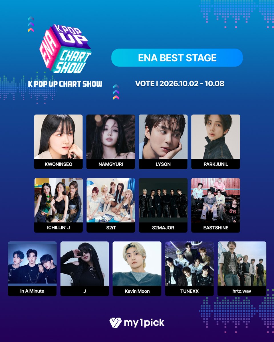 twt_my1pick's tweet photo. <ENA 케이팝업 차트쇼 24회>
ENA BEST STAGE VOTE🎤

🗓️투표 기간​
˙ 2026.10.02(금) 12:00 ~ 10.08(목) 23:59 KST

🎁 투표 인증 이벤트
- 마이원픽 한정 포토카드
- 아티스트 친필 싸인앨범
- 아티스트 친필 폴라로이드

지금 바로 투표하고,
ENA 케이팝업 차트쇼 이벤트에도 참여하세요🌟

🗳️ #마이원픽 에서 ENA 케이팝업 차트쇼를 응원하세요!
🔗 https://t.co/NK1MgpZl31

#권인서 #남규리 #리슨 #박준일 #아이칠린제이 #에스투잇 #에이티투메이저 #이스트샤인 #인어미닛 #제이 #케빈 #튜넥스 #하츠웨이브
  
#KWONINSEO #NamGyuri #LYSON #ParkJunIl #ICHILLIN_J #S2iT #82MAJOR #EASTSHINE #InAMinute #J #KevinMoon #TUNEXX #hrtzwav