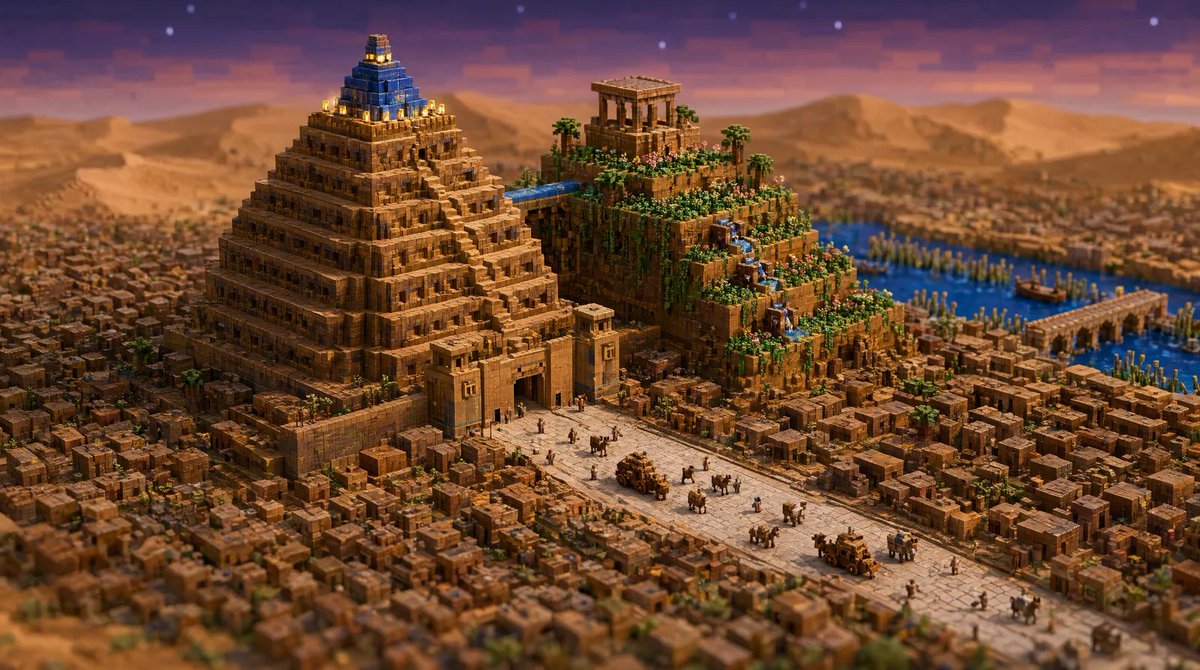 Voxel-style desert river city with a stepped temple, hanging gardens and selective focus