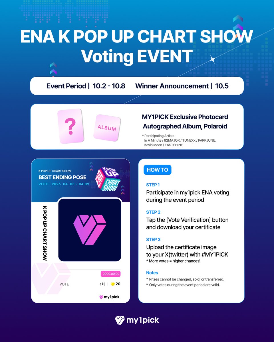 twt_my1pick's tweet photo. <ENA 케이팝업 차트쇼 24회>
ENA BEST STAGE VOTE🎤

🗓️투표 기간​
˙ 2026.10.02(금) 12:00 ~ 10.08(목) 23:59 KST

🎁 투표 인증 이벤트
- 마이원픽 한정 포토카드
- 아티스트 친필 싸인앨범
- 아티스트 친필 폴라로이드

지금 바로 투표하고,
ENA 케이팝업 차트쇼 이벤트에도 참여하세요🌟

🗳️ #마이원픽 에서 ENA 케이팝업 차트쇼를 응원하세요!
🔗 https://t.co/NK1MgpZl31

#권인서 #남규리 #리슨 #박준일 #아이칠린제이 #에스투잇 #에이티투메이저 #이스트샤인 #인어미닛 #제이 #케빈 #튜넥스 #하츠웨이브
  
#KWONINSEO #NamGyuri #LYSON #ParkJunIl #ICHILLIN_J #S2iT #82MAJOR #EASTSHINE #InAMinute #J #KevinMoon #TUNEXX #hrtzwav